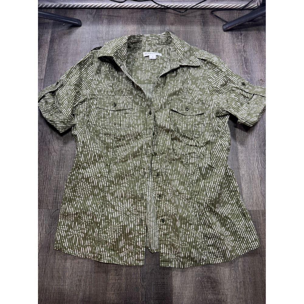 Pendleton Womens Olive Green Stripe‎ Sunburst Button Down Cotton Shirt Size 4